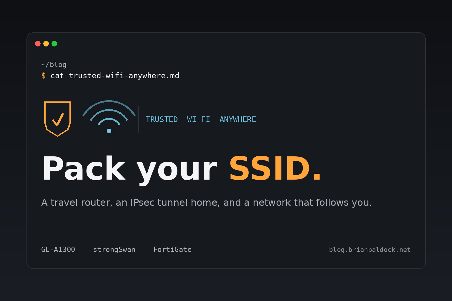 Dark terminal-style cover graphic. A shield-with-checkmark icon and a wifi signal sit beside the tagline TRUSTED WI-FI ANYWHERE, with the headline 'Pack your SSID.' in bold orange.