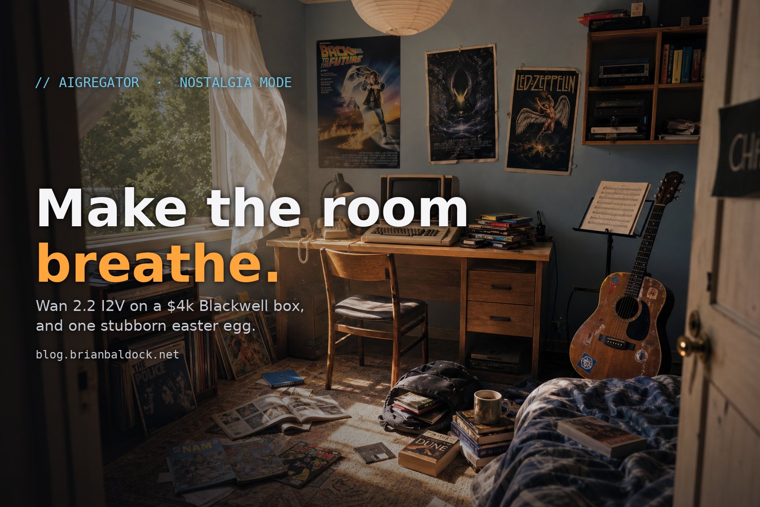 A 1990s teenager's bedroom bathed in golden afternoon light, a CRT monitor glowing on the desk, with the title 'Make the room breathe.' overlaid at left